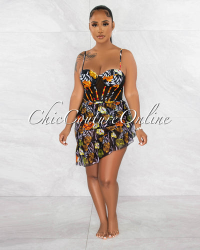 *Mandel Black Multi-Color Print Mesh Skirt Pareo Swimsuit