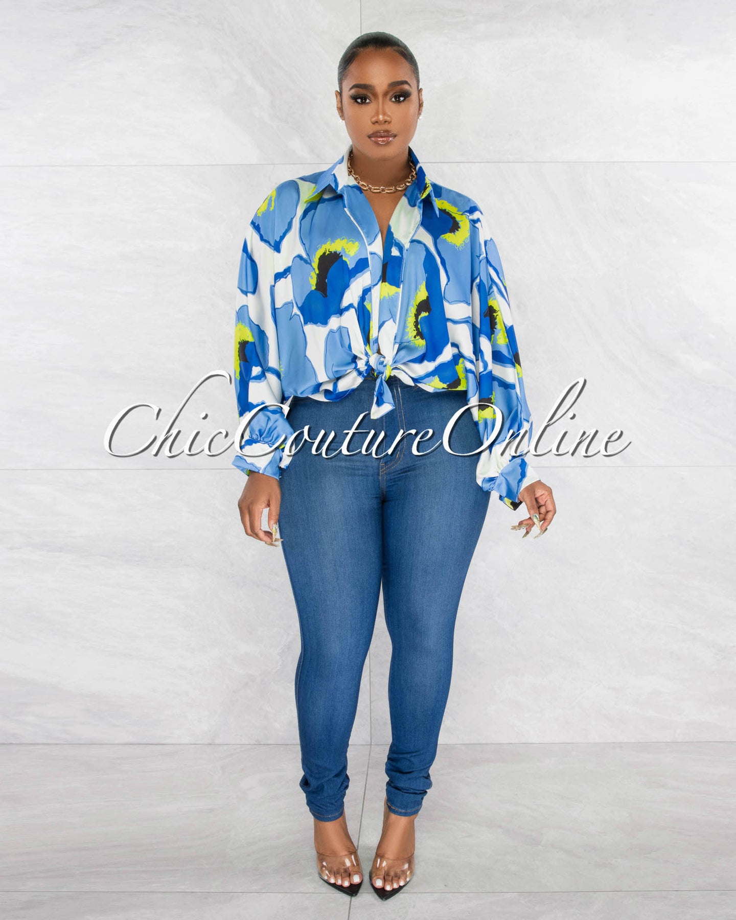 *Hades Blue Multi-Color Print Front Tie Silky Blouse