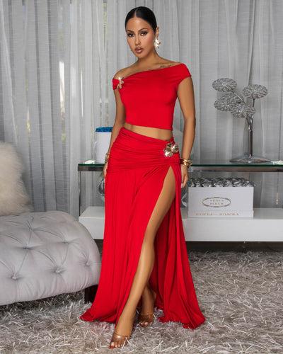 Venezia Red Gold Broach Top & Maxi Skirt Set