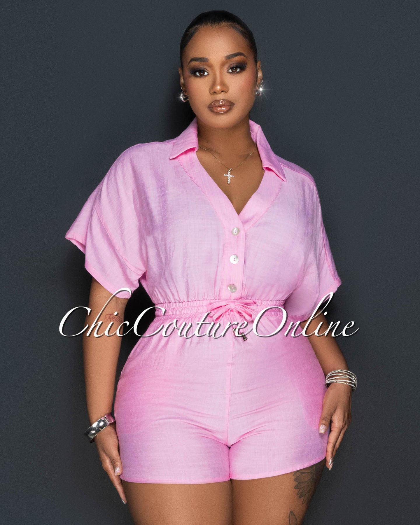 Fausta Baby Pink Front Buttons Utility Romper