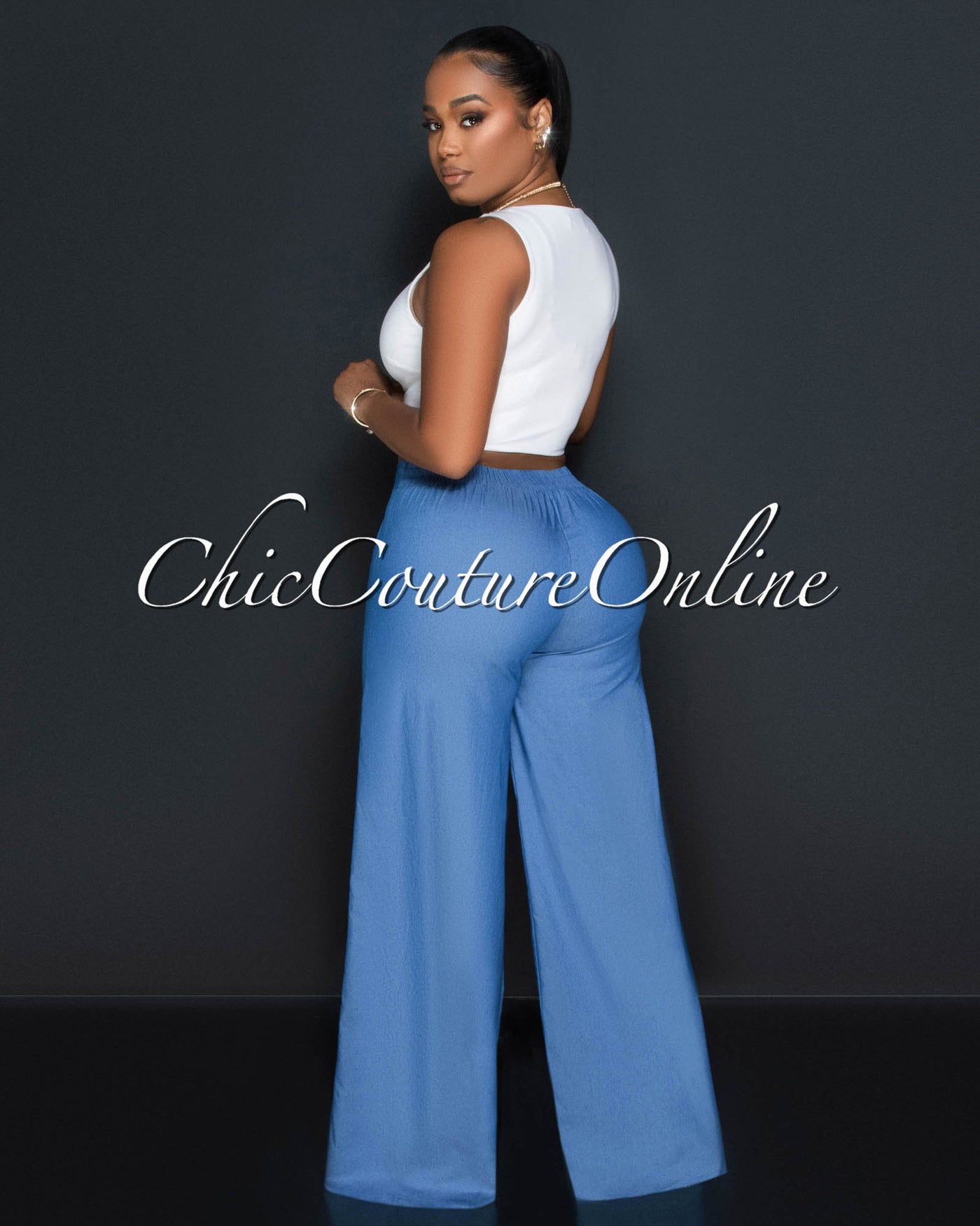 Lorina White Racerback Top & Chambray Wide Pants Set