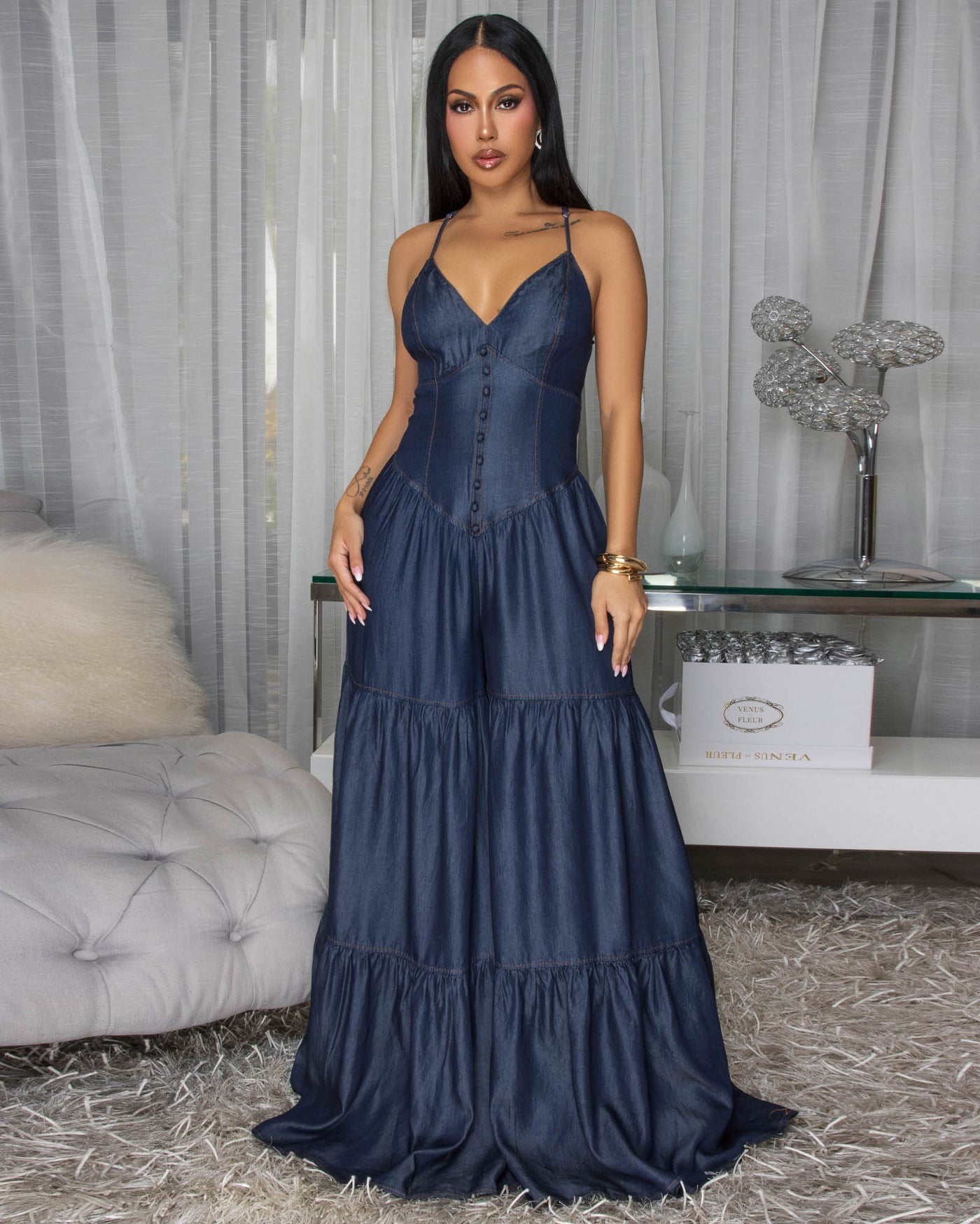 Bernadette Dark Wash Denim Tiered Wide Legs Jumpsuit