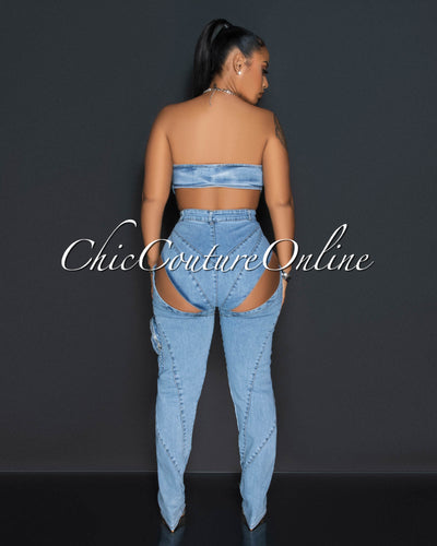 Maine Light Denim Crop Top & Cut-Out Jeans Set