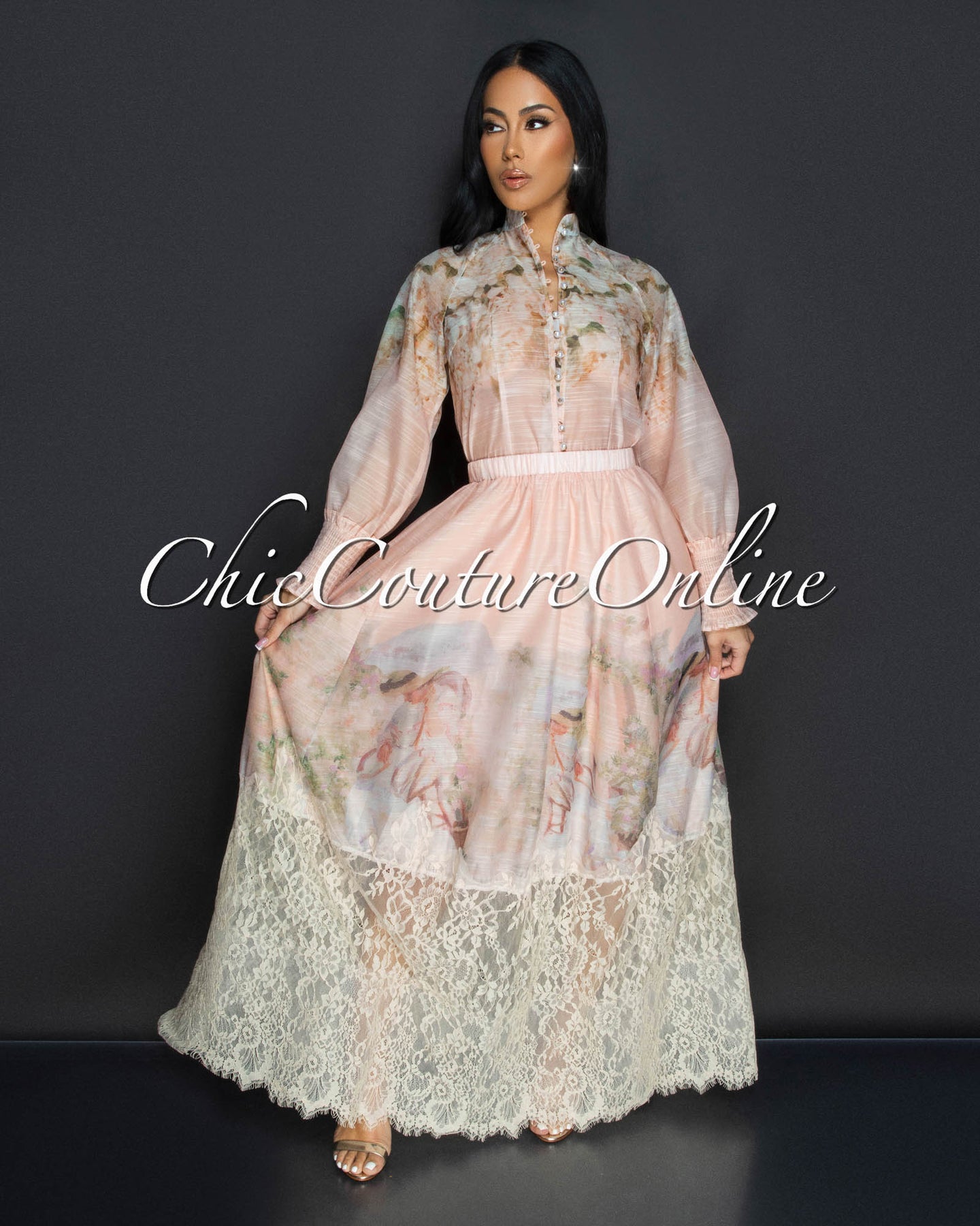 Calinda Blush Floral Blouse & Maxi Skirt Set