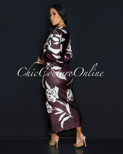 Maluma Maroon Cream Print Midi Dress