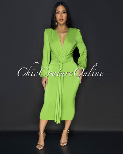 Sabatini Lime Green Knotted Front Midi Dress