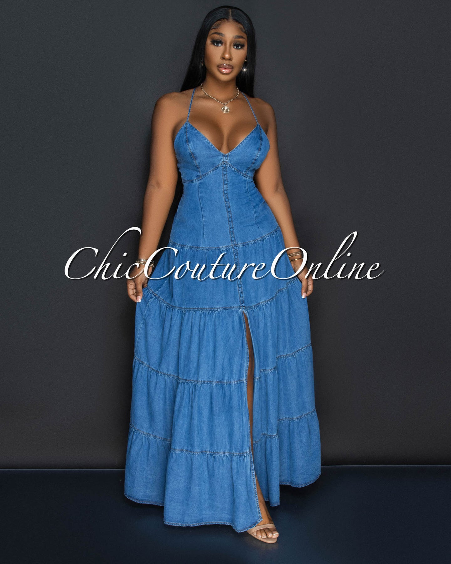 *Babasa Dark Denim Ruffle Maxi Dress
