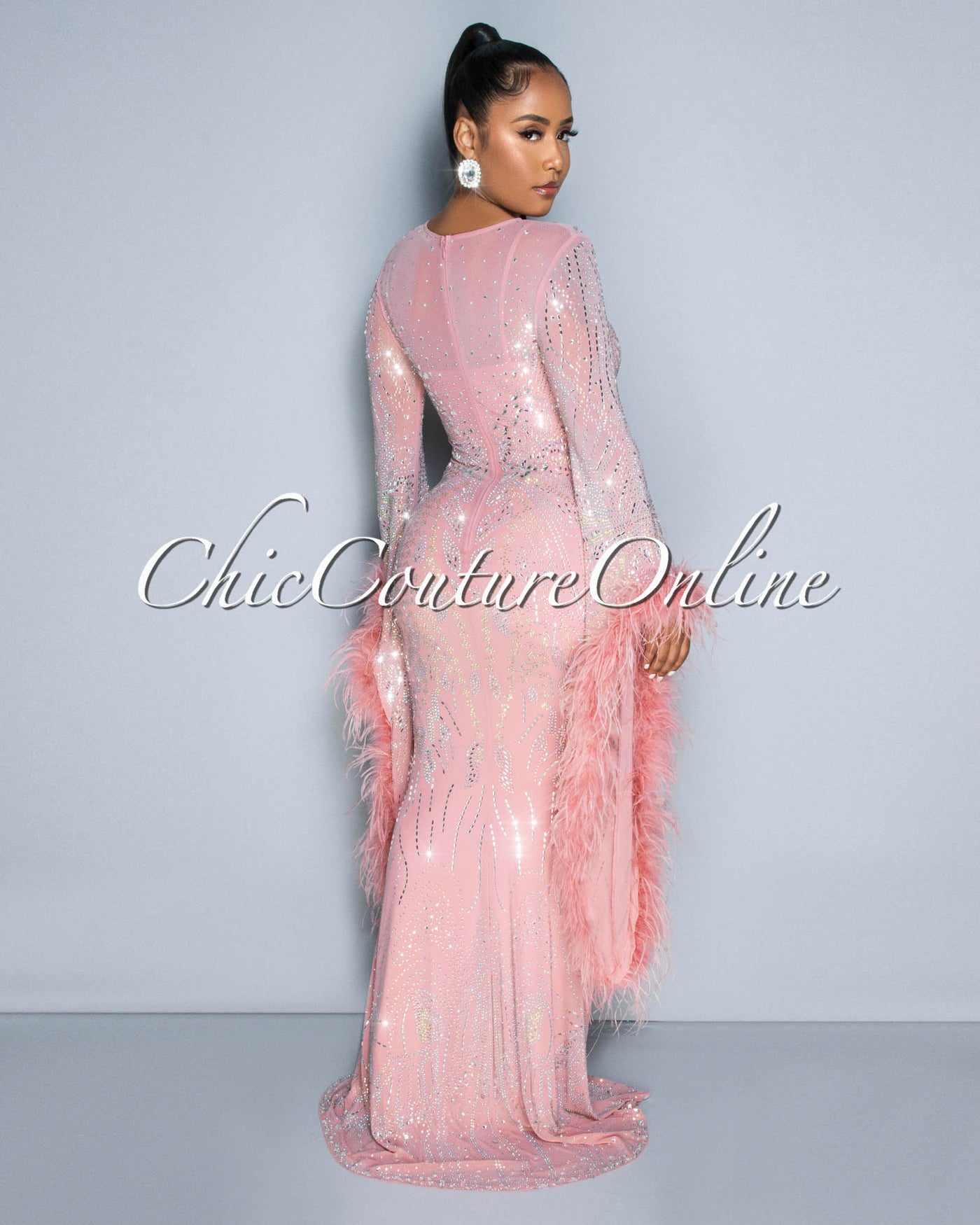 Lessia Pink Rhinestones Feather Sleeves Statement Maxi Dress