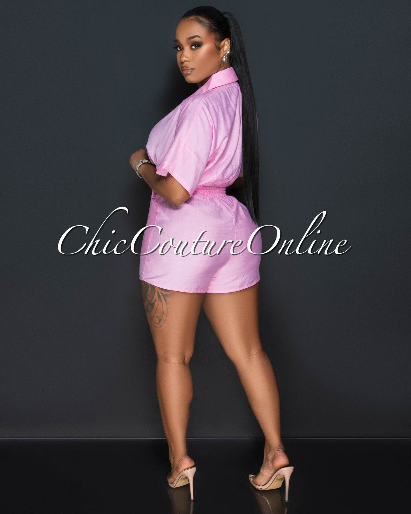 Fausta Baby Pink Front Buttons Utility Romper