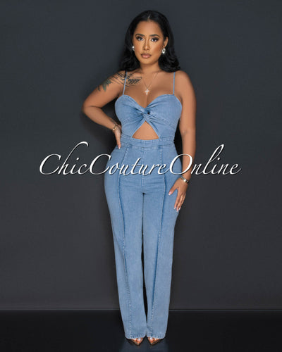 Velicia Light Denim Bust Knot Jumpsuit