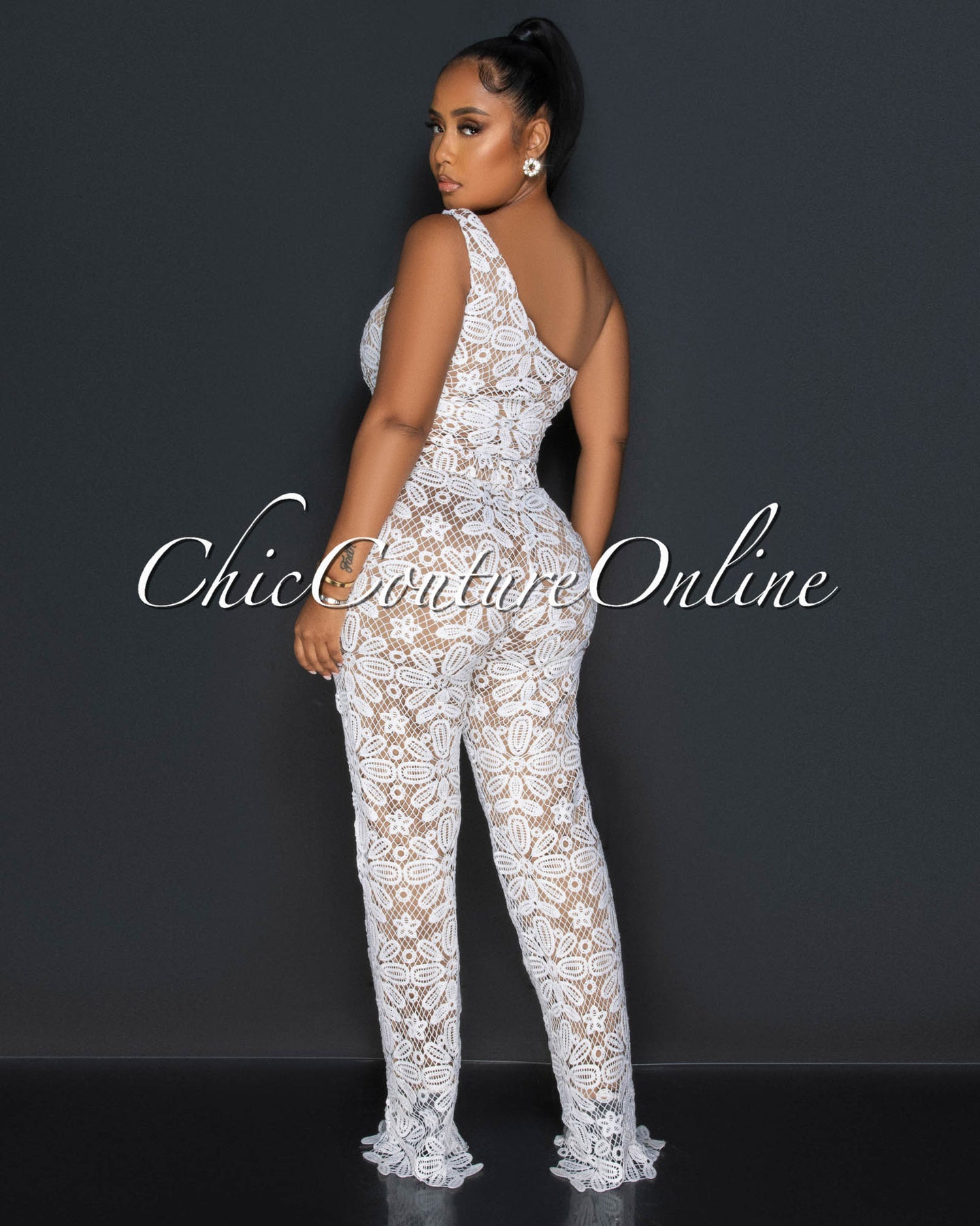*Lumen Off-White Lace Single Shoulder Top & Flare Leg Pants Set