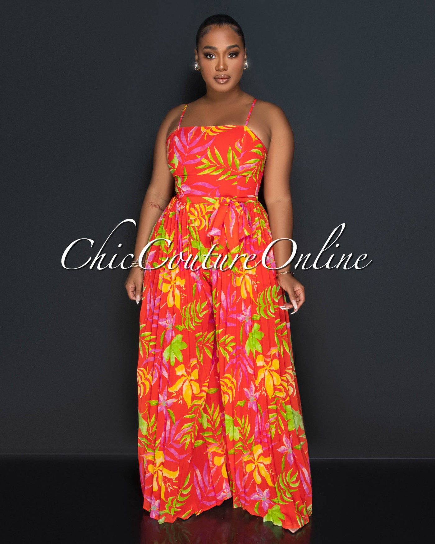 *Adhara Orange Floral Print Spaghetti Strap Pleated Jumpsuit