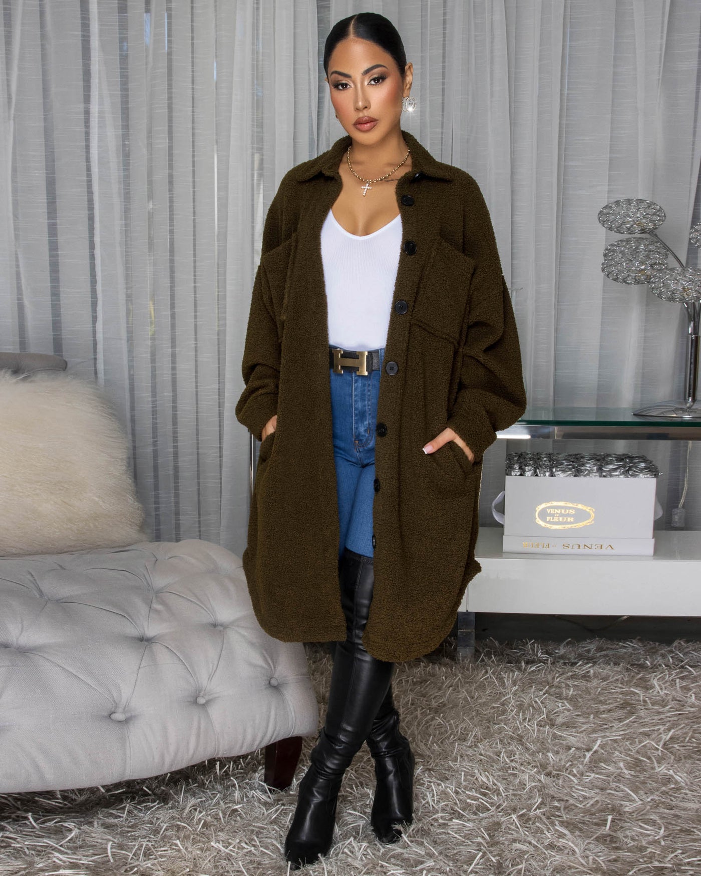 Jovelle Olive Green Fleece Long Jacket