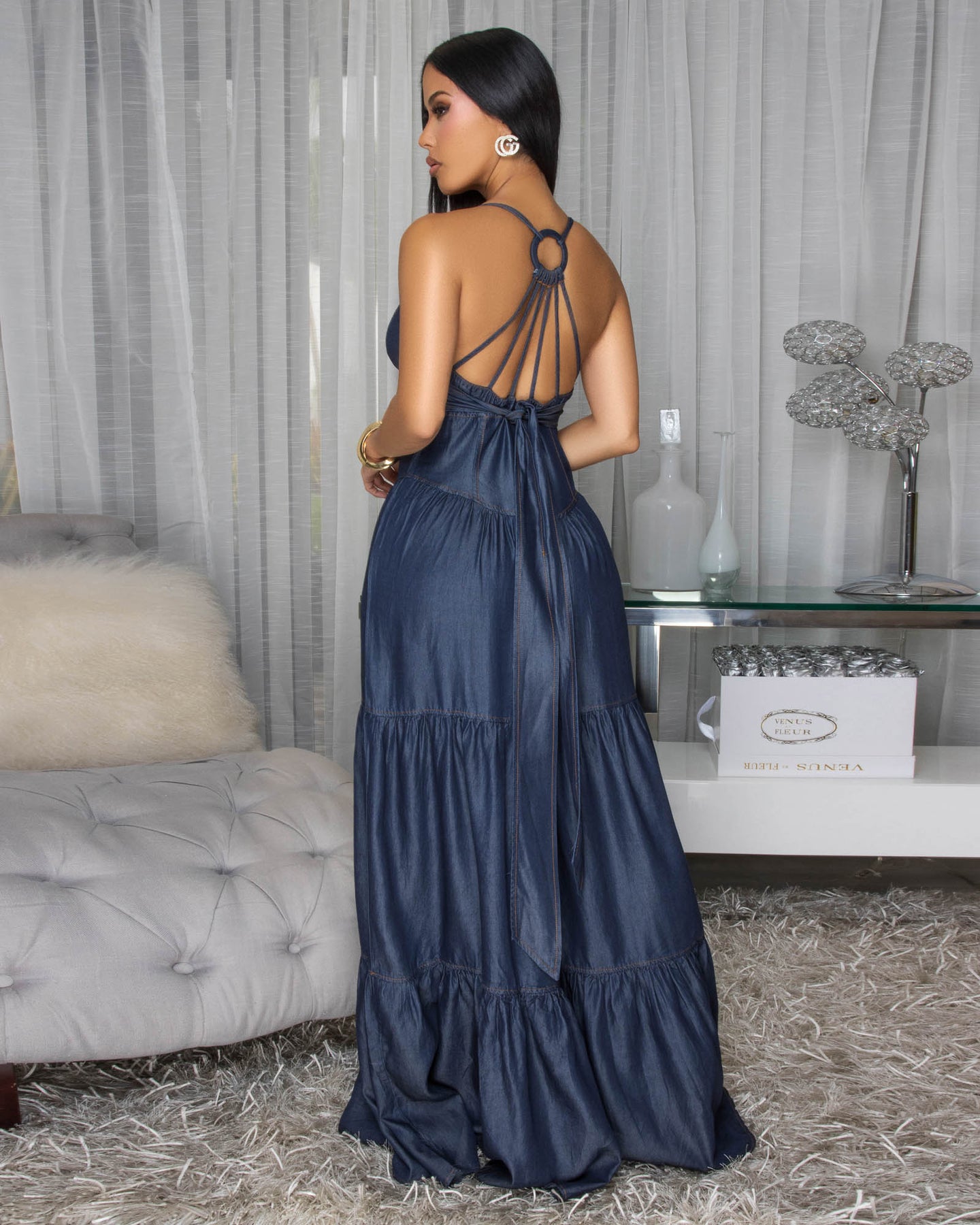 Bernadette Dark Wash Denim Tiered Wide Legs Jumpsuit