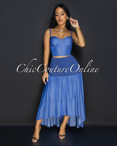 Ordette Denim Blue Bustier Top Skirt Set