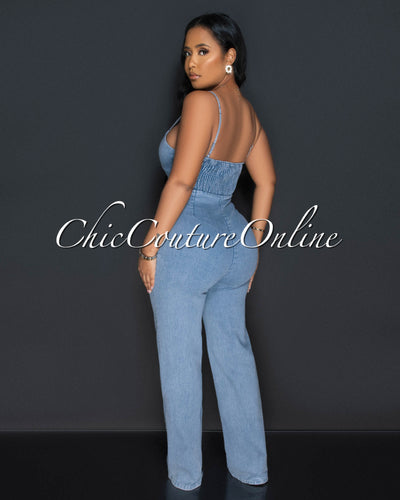 Velicia Light Denim Bust Knot Jumpsuit