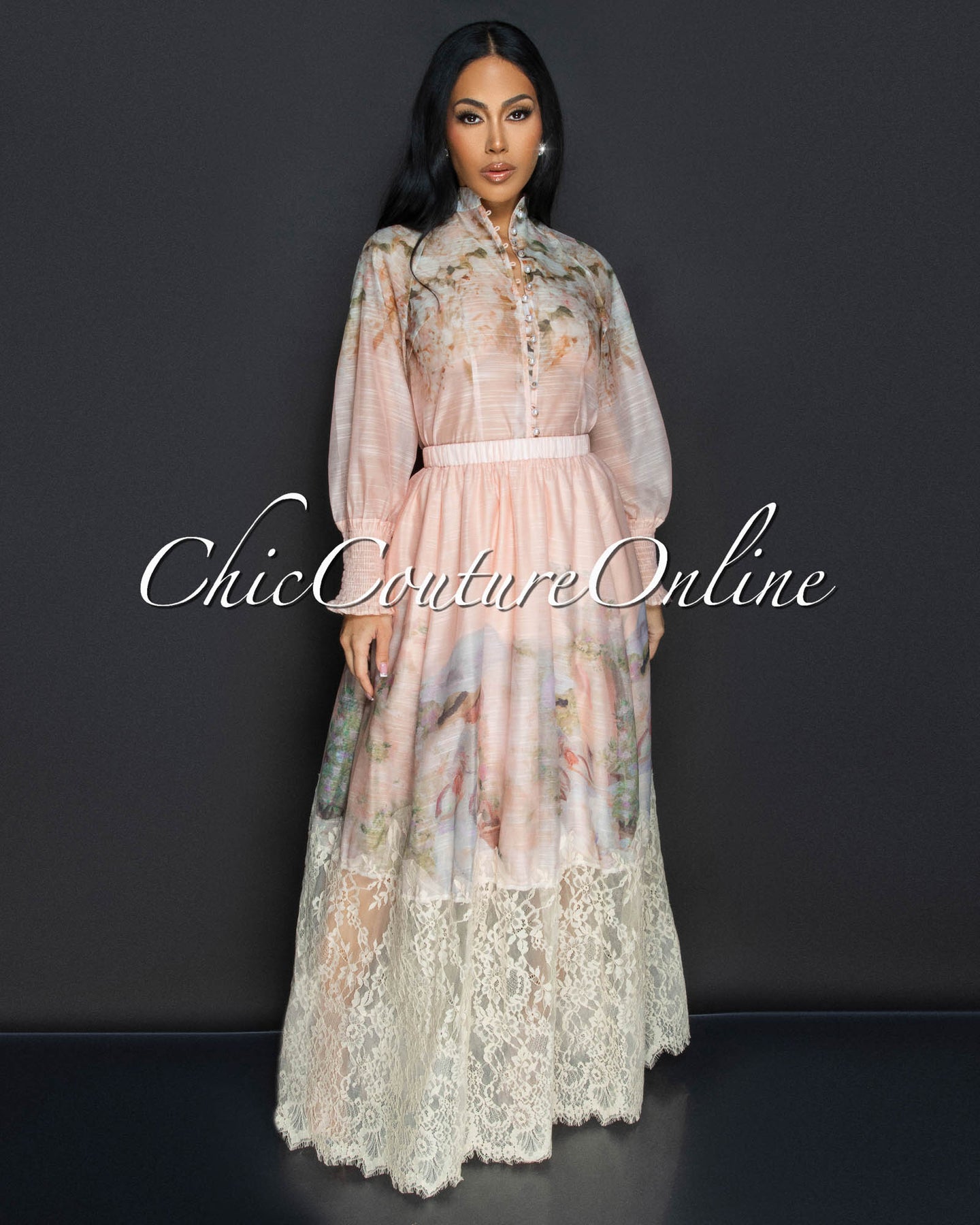 Calinda Blush Floral Blouse & Maxi Skirt Set
