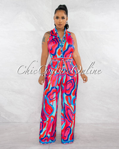 *Georgina Fuchsia Print Collared Waist Tie Jumpsuit