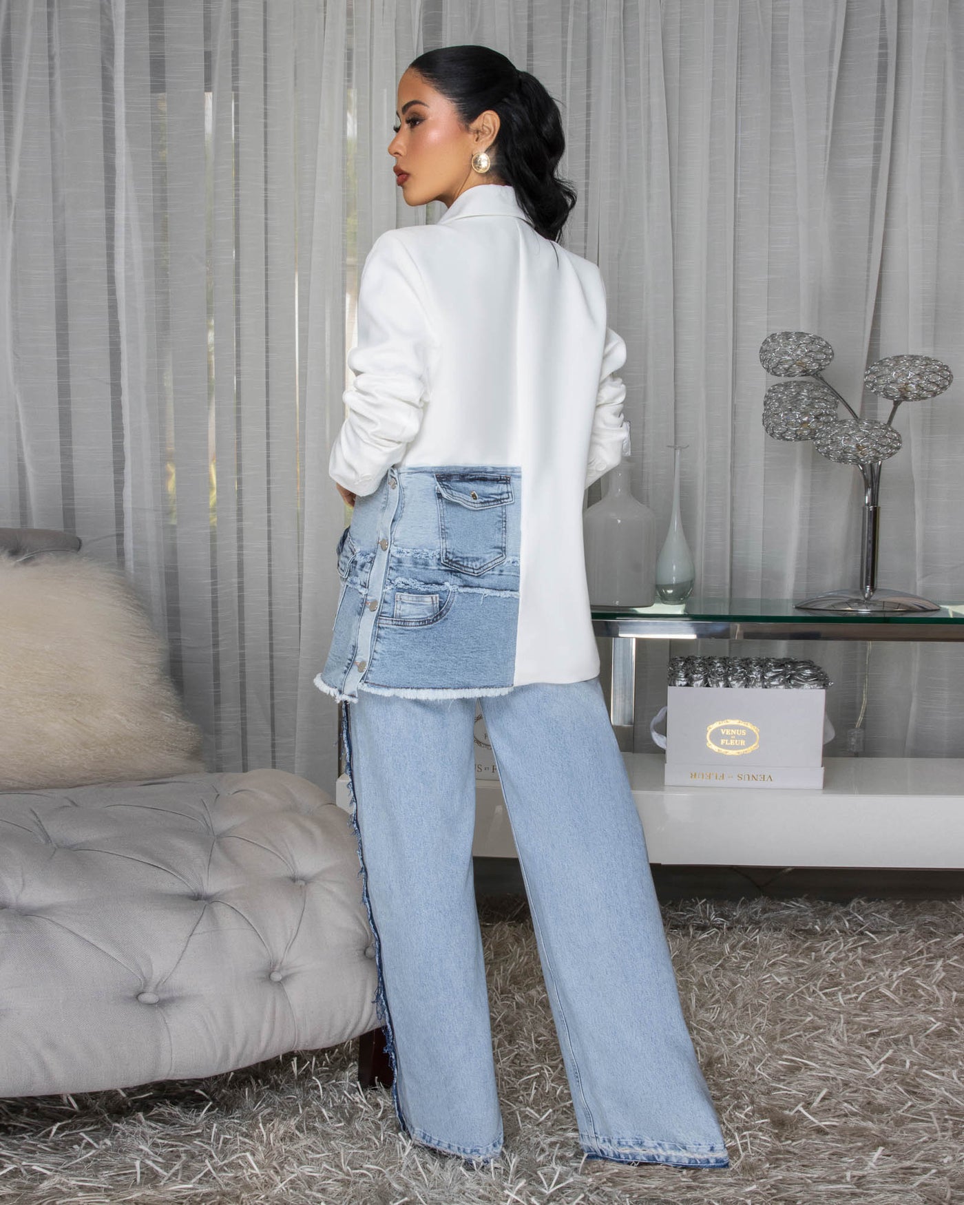 Priar White Blue Denim Patch Blazer