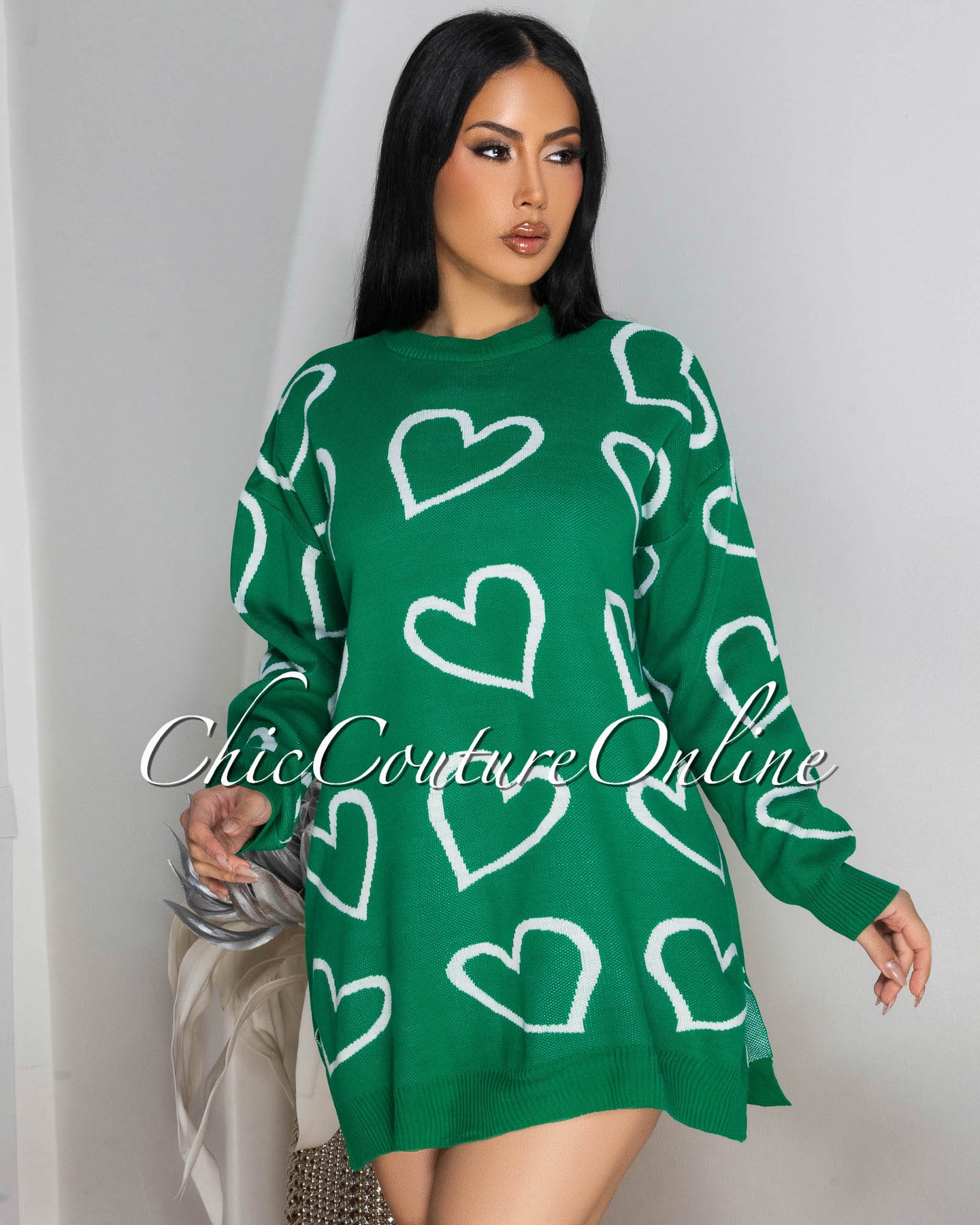 Sultana Green White Hearts Sweater Dress