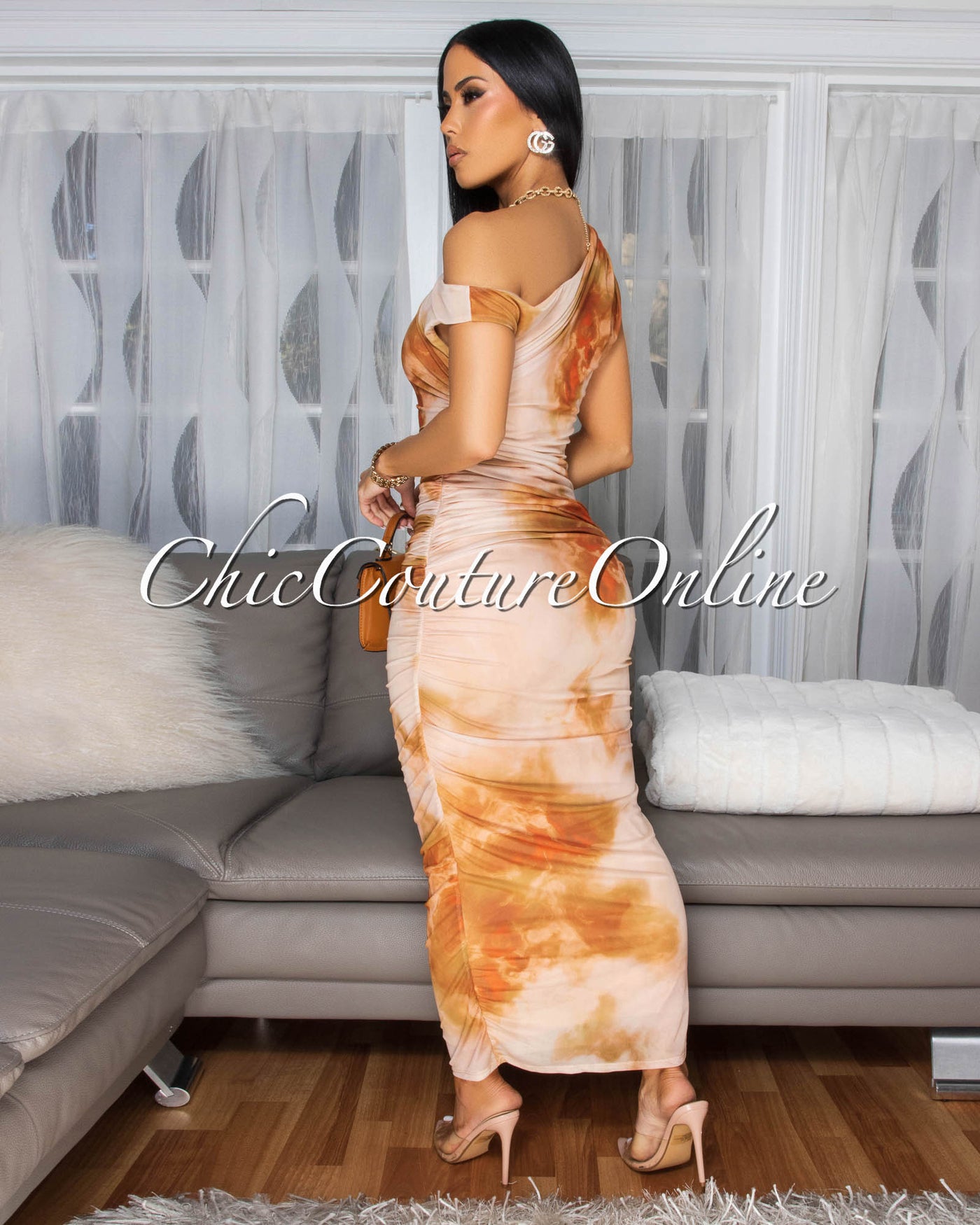 Lucelle Nude Multi-Color Mesh Maxi Dress