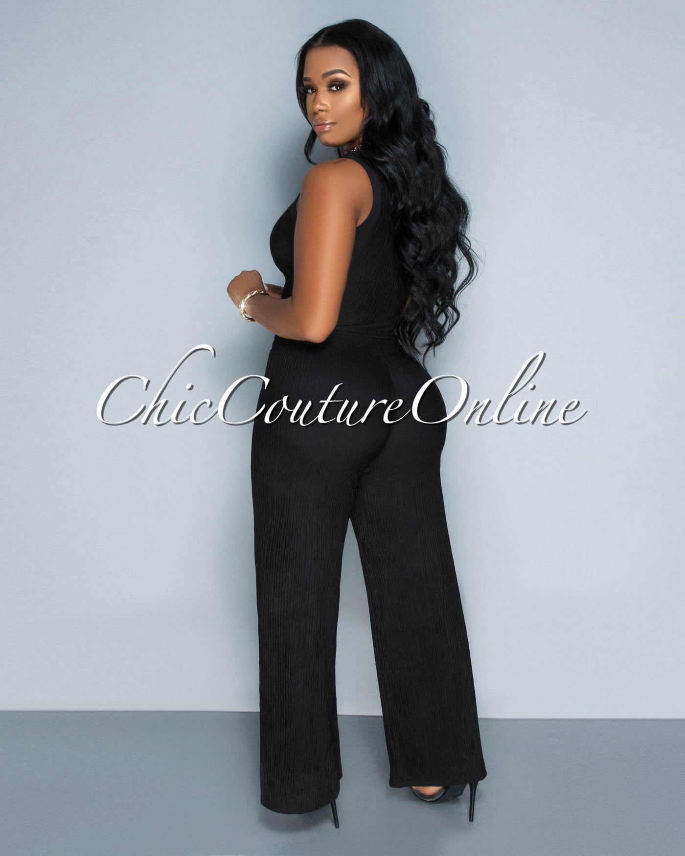 Katye Black Front Crop Top & Wide Pants Textured Set