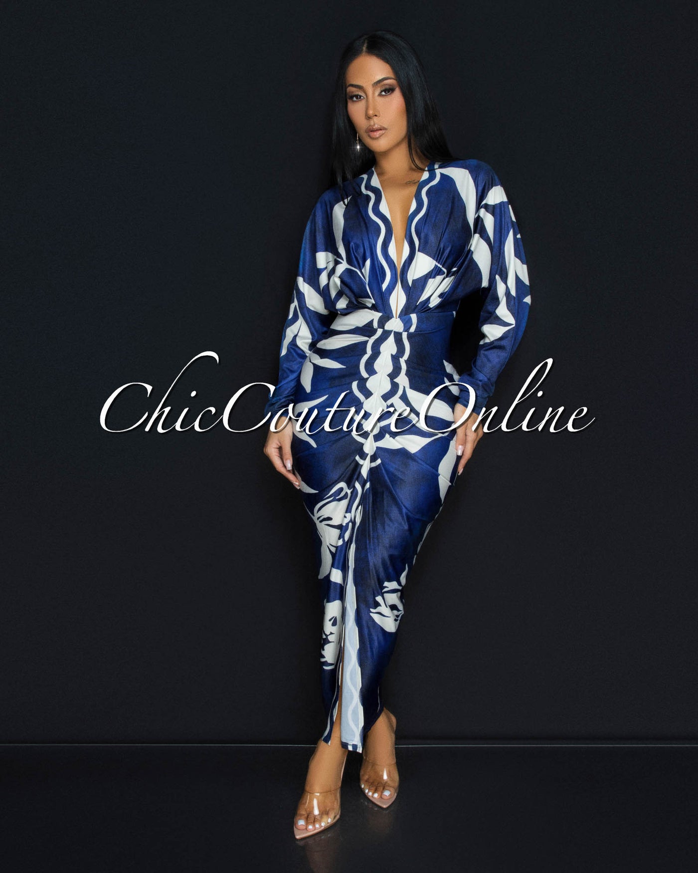 Maluma Blue Cream Print Midi Dress