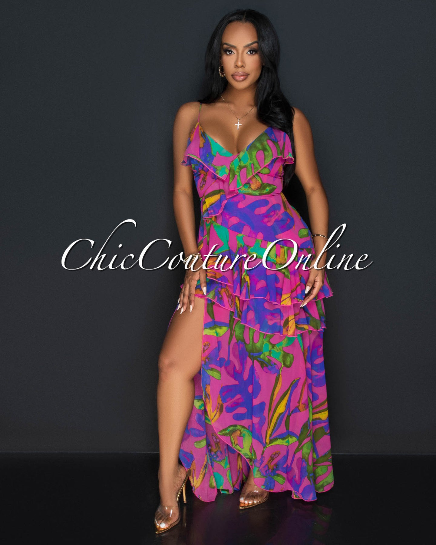 Iza Fuchia Blue Print Ruffle Maxi Dress