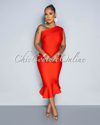 Patria Red Single Shoulder Ruffle Hem Bandage Dress