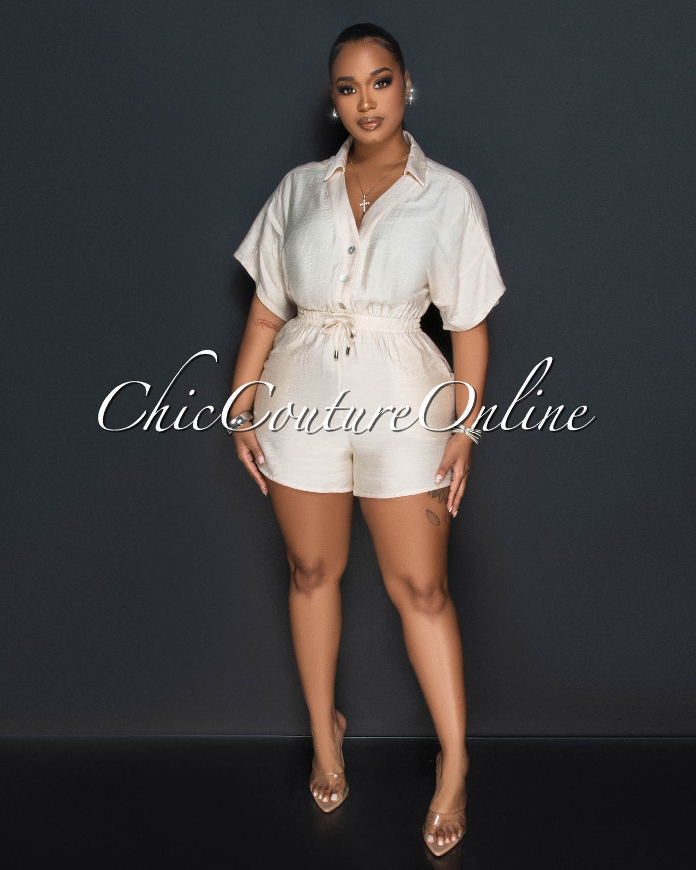 Fausta Nude Front Buttons Utility Romper