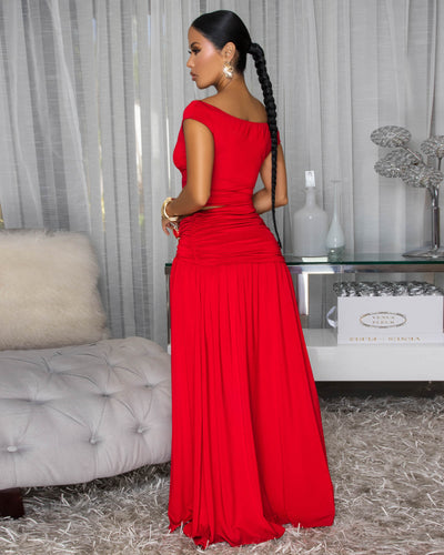 Venezia Red Gold Broach Top & Maxi Skirt Set