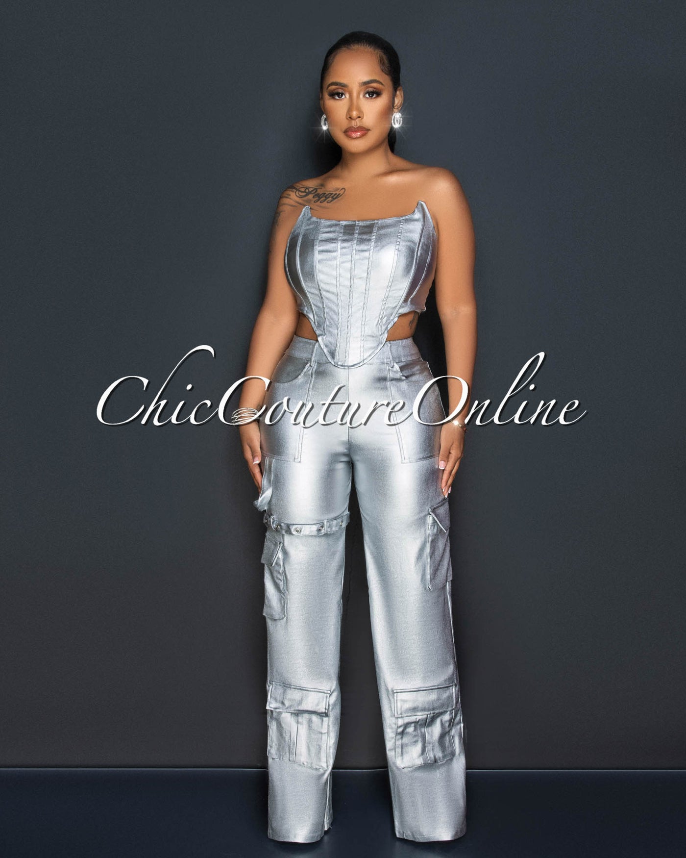 *Angie Silver Corset Cut-Out Cargo Metallic Jumpsuit