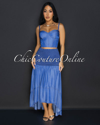 Ordette Denim Blue Bustier Top Skirt Set