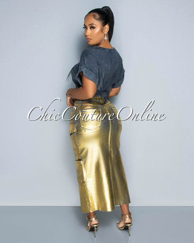 Kavia Denim Gold Foil Front Slit Maxi Cargo Skirt