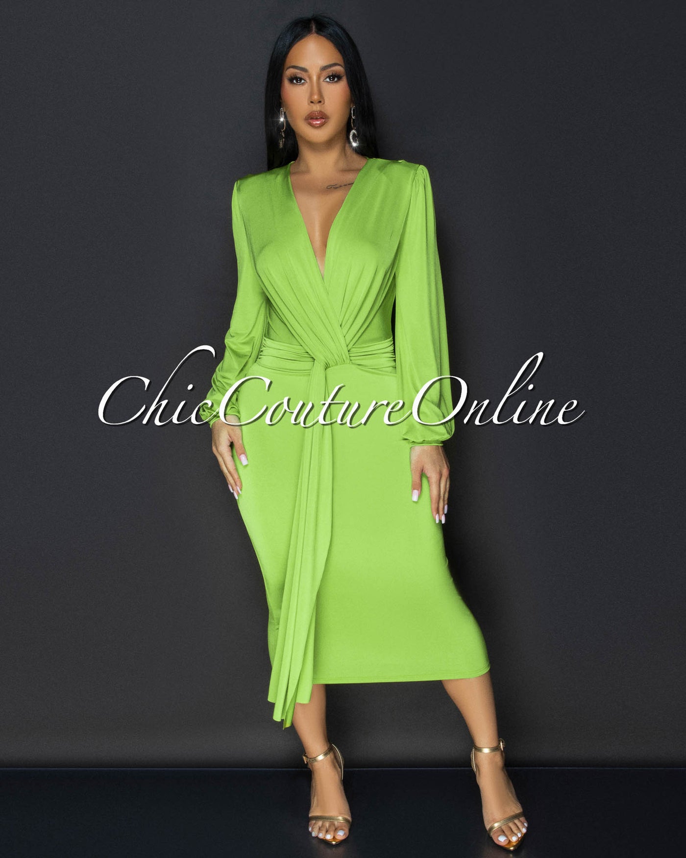 Sabatini Lime Green Knotted Front Midi Dress