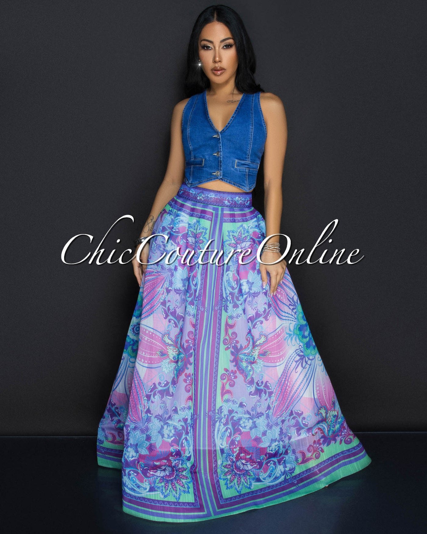 Aramis Purple Multi-Color Flower Top & Maxi Skirt Set