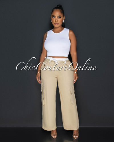 Bolette Nude Drawstring Wide Legs Cargo Pants