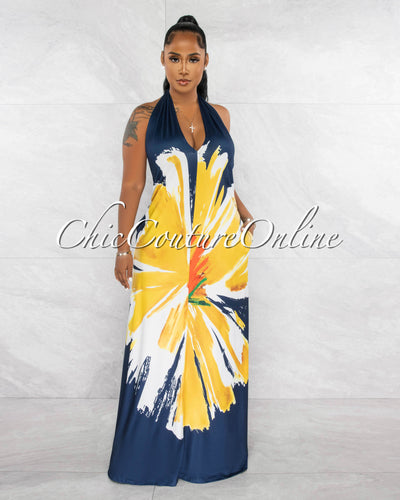 Chira Navy Blue Yellow Print Halter Maxi Dress