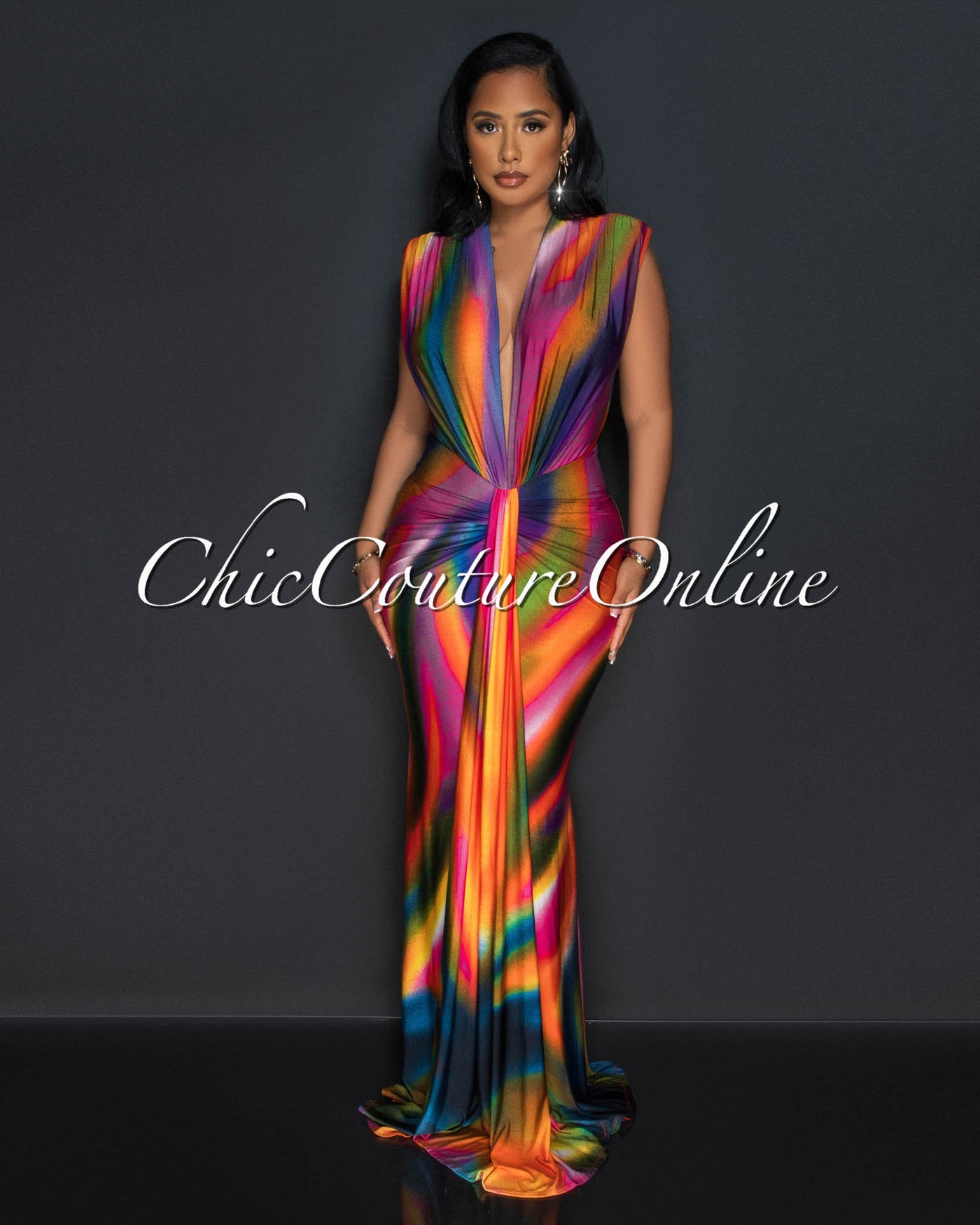Samaria Multi-Color Deep V-Neck Front Maxi Dress