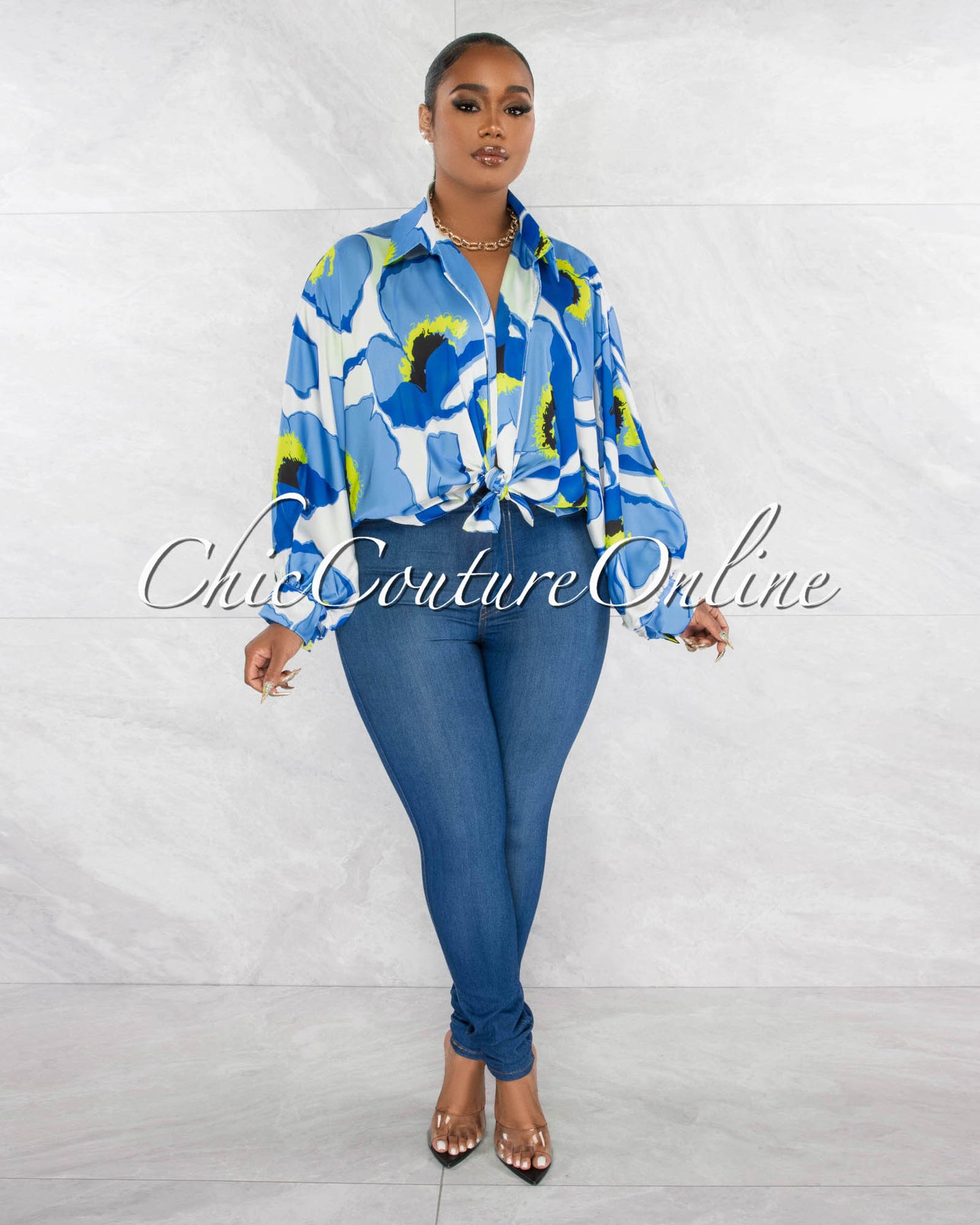 *Hades Blue Multi-Color Print Front Tie Silky Blouse