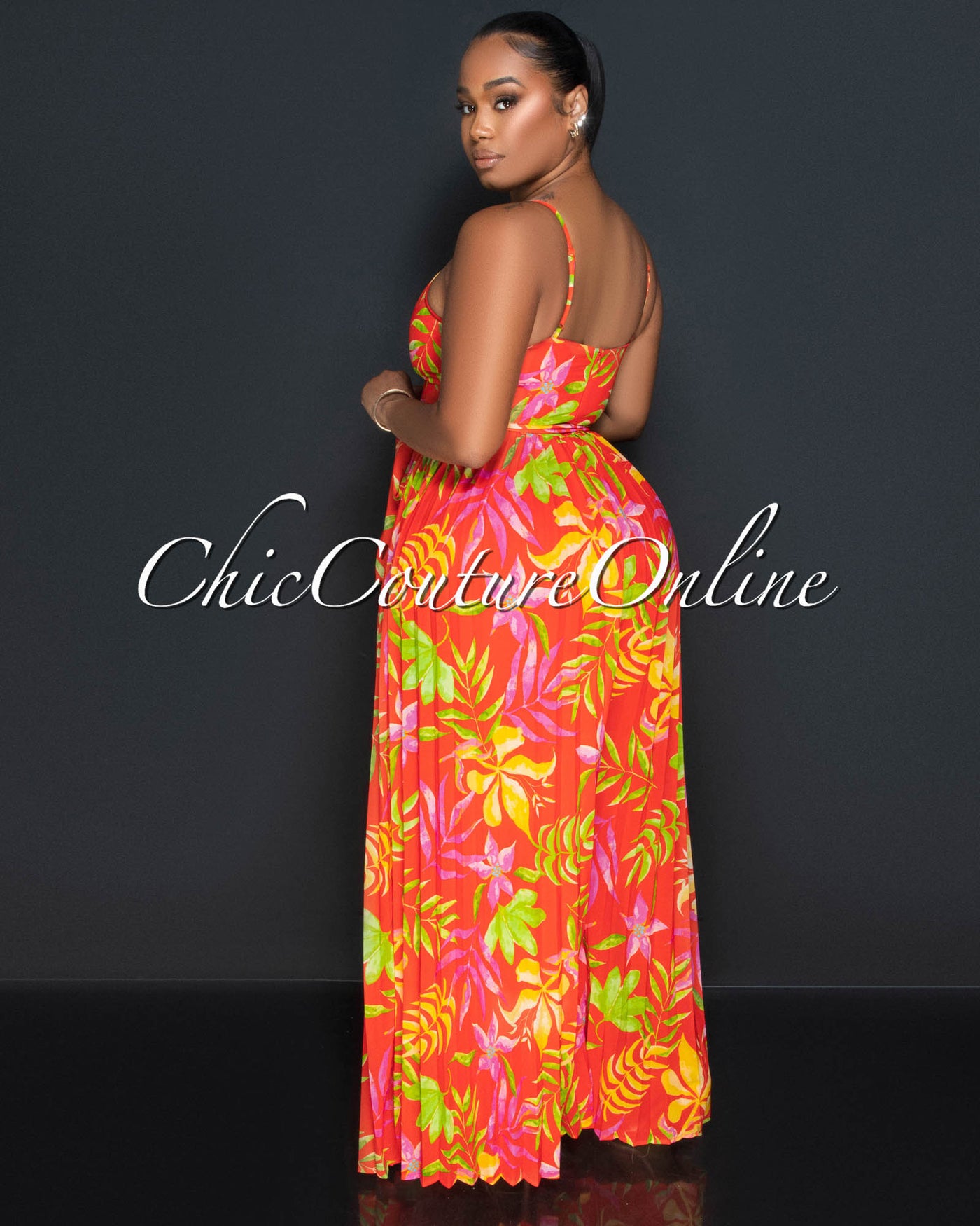 *Adhara Orange Floral Print Spaghetti Strap Pleated Jumpsuit