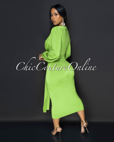 Sabatini Lime Green Knotted Front Midi Dress