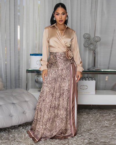 Elsie Mocha Zebra Print Faux-Wrap Maxi Dress