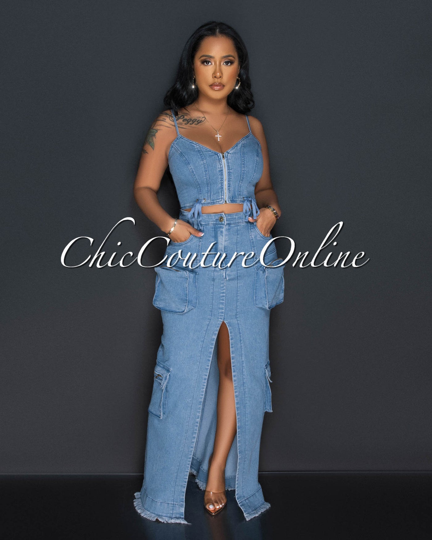 Jilian Medium Denim Cropt Top & Maxi Cargo Skirt Set