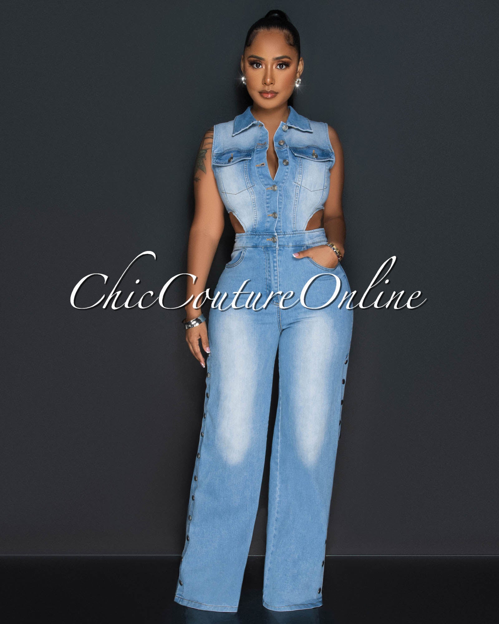 *Sharlene Light Denum Silver Snaps Cut-Out Jumpsuit