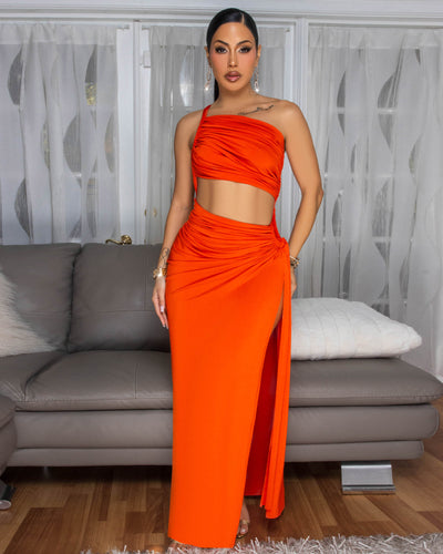 Lenny Orange Ruched Cut-Out Maxi Dress