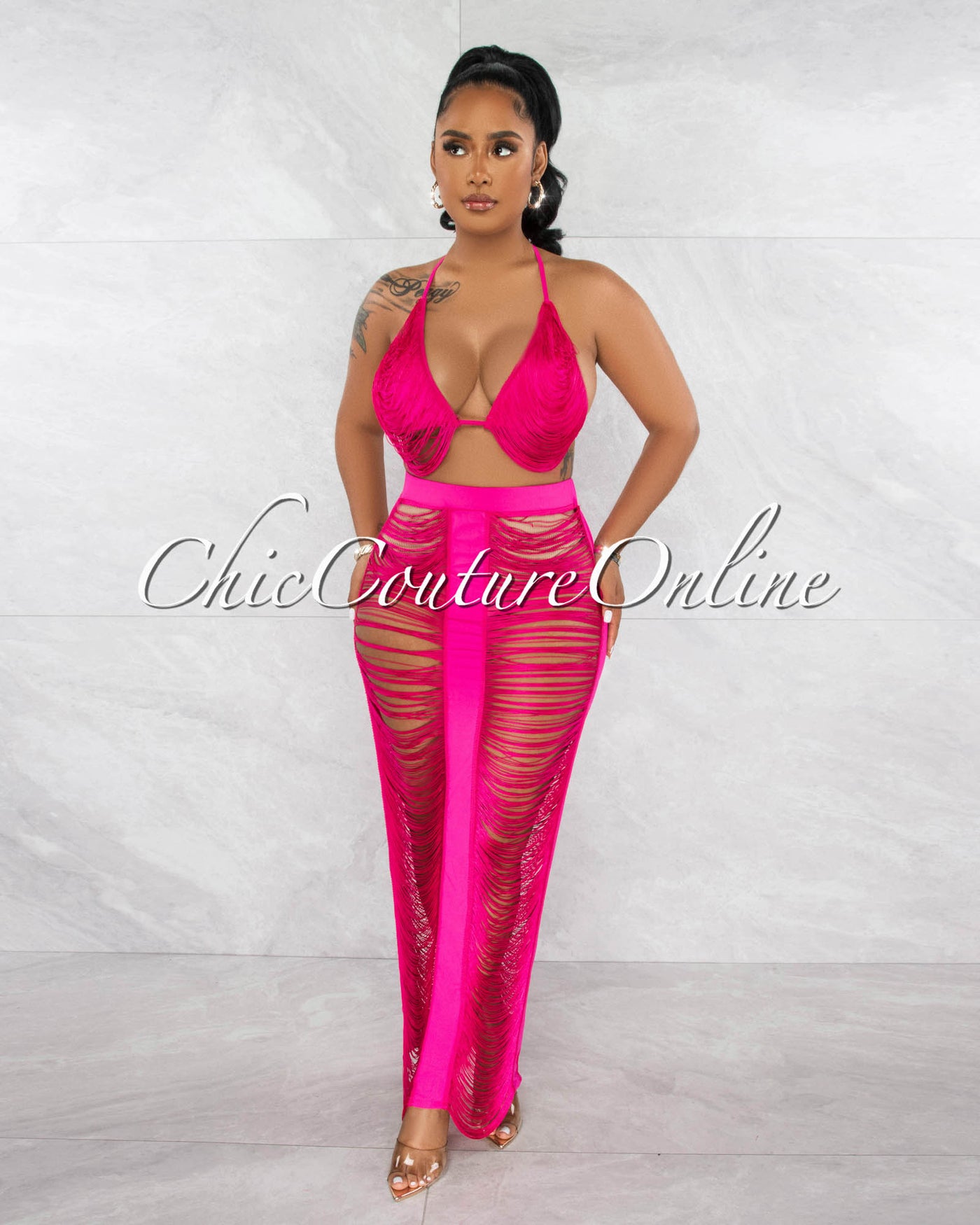 Karly Hot Pink Fringe Cover-Up Maxi Skirt Set