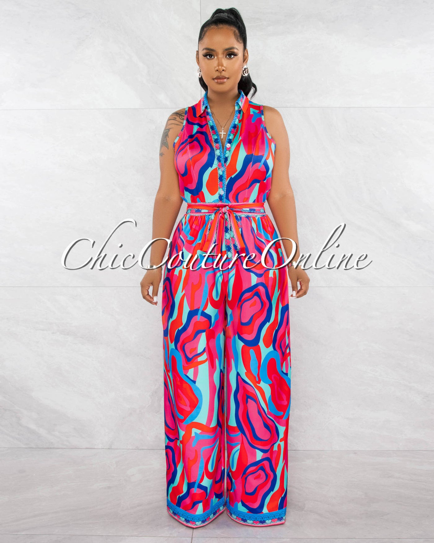 *Georgina Fuchsia Print Collared Waist Tie Jumpsuit