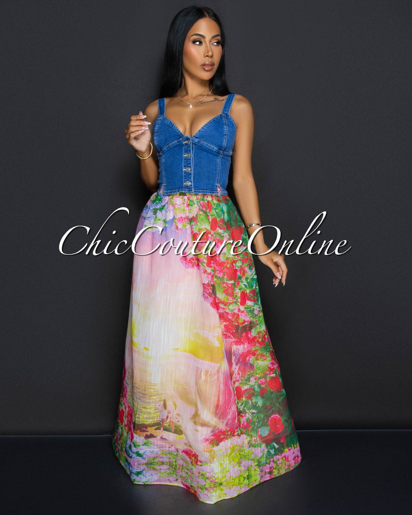 Devika Pink Multi-Color Flower Accent Top & Maxi Skirt Set