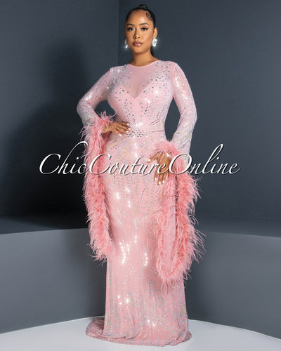 Lessia Pink Rhinestones Feather Sleeves Statement Maxi Dress